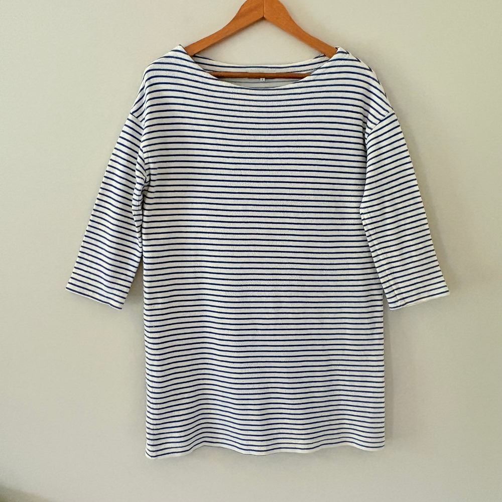 Emerson Fry Tunic Dress Large White Blue Nautical Stripe Cotton Boatneck 3/4 Slv
